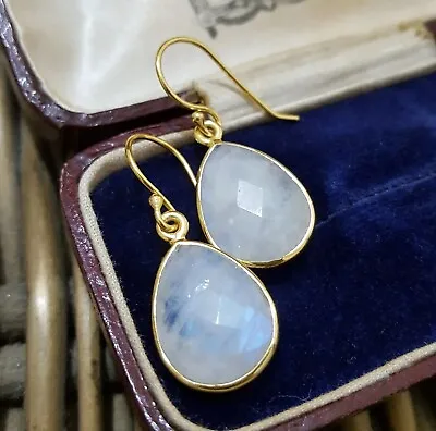 925 Sterling Silver Earrings Gold Overlay Natural Rainbow Moonstones Earrings  • $33.61