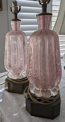 Pair Of Murano Venetian Glass Lamps Barovier Pink Silver Bullicante Vintage 50's • $1600