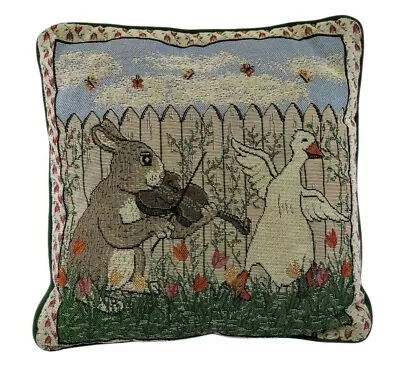 VTG Easter Spring Throw Pillow Tapestry Bunny Rabbit W Violin Singing To Duck • $23.98