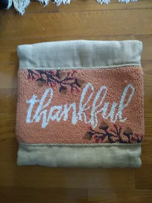 Orange Handhooked Thankful Fall Thanksgiving Burlap Hooked Wool Throw Pillow 16  • $20
