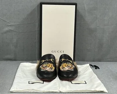 Gucci Men's Princetown Fur Tiger Embroidered Black Leather Loafers Size 12? • $270