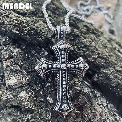 MENDEL Mens Biker Catholic Cross Pendant Necklace For Men Ashes Stainless Steel • $11.99