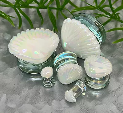 PAIR White Pearl Seashell Glass Double Flare Plugs Sea Shell Tunnels Gauges • $14.95