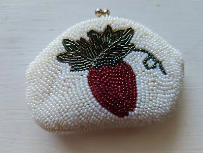 Vintage Delill Hand Beaded Strawberry Glass Micro Seed Bead Mini Coin Purse   • $24.50