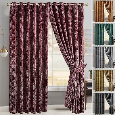 Jacquard Stylish Ring Top Ready Made Curtains Pair Fully Lined & Cushion Covers • £8.49