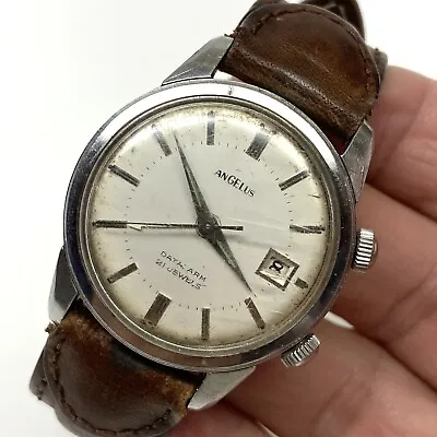 Angelus Datalarm Stainless Steel 10/11B 21 Jewel Vintage Mechanical Watch - Runs • $569