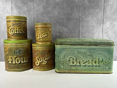 Vintage Rustic Metal Tin Canister Set & Wheat Heart Bread Box Lot Of 5 Pcs • $45.25