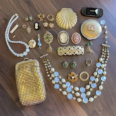 Vintage Victorian Jewelry Lot Locket Necklaces Mesh Purse Faux Moonstone  • $75