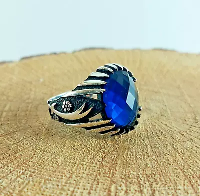 925 Sterling Silver Handmade Men's Ring With Sword Patterned Blue Sapphire Stone • $50