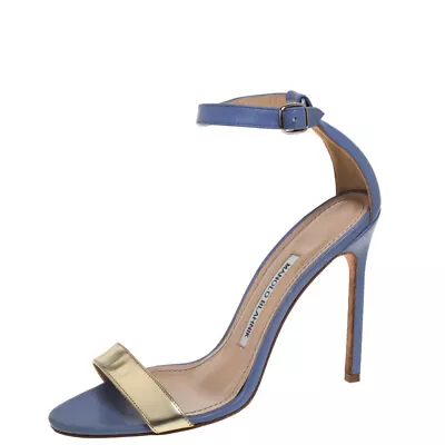 Manolo Blahnik Blue/Gold Leather Ankle Strap Sandals Size 37 • $176.40