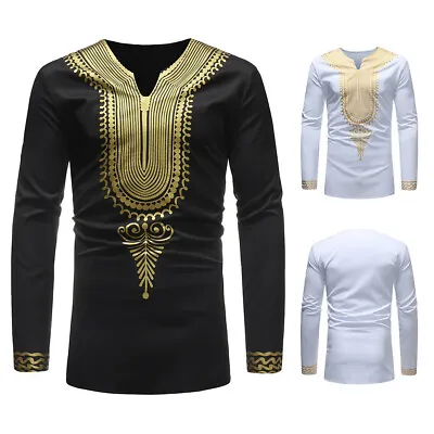 Men's Autumn Winter Luxury African Print Long Sleeve Dashiki Shirt Top Blouse • £17.76