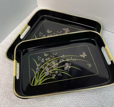 2 Vintage Japanese Black Lacquer Trays Plastic Flower Design • $17.50