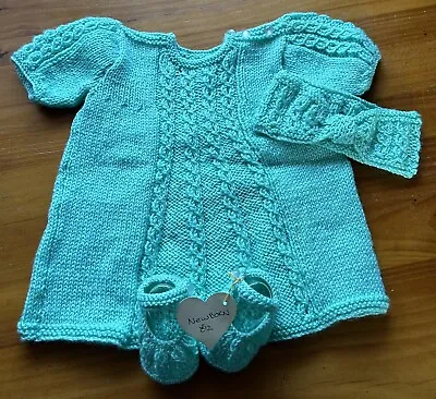 Hand Knitted Baby Girl Dress Headband And Shoes Size 3-6months Green • £12