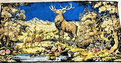 Vintage Italian Velvet Tapestry Rug Wall Hanging Deer Stag Fawns MCM Blue Green • $25