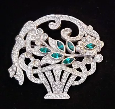 Rare Gorgeous Art Deco Mazer Dazzling Green Rhinestone Flower Basket Brooch Vtg • $225