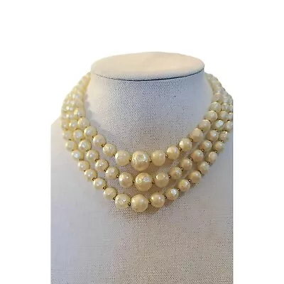 Vintage Carnegie Triple Pearl Faux Necklace Signed Designer Couture  Jewelry • $140