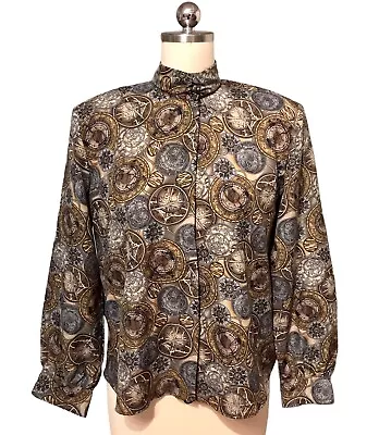 Andre Sauvage Satin Astrology Top Blouse VTG Button Up Mock Neck Women’s Sz 10 • $35