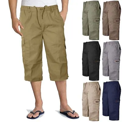 Mens 3/4 Shorts Cargo Combat Elasticated Waist Three Quarter Length Long Pants • £12.99