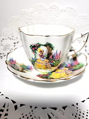 Vintage C & E Victoria Tea Cup & Saucer  Victorian Lady In Yellow Dress England • $24.95