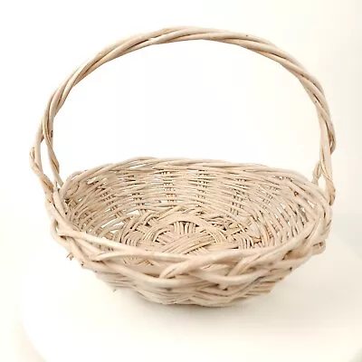 Vintage Basket White Wicker Egg Fruit Gathering Herb Handle Large Wide Primitive • $25.50