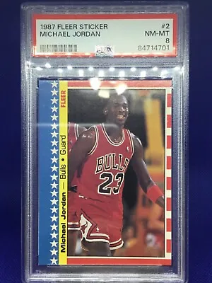 1987 Fleer Sticker #2 MICHAEL JORDAN Graded PSA 8 NM-MT. Chicago Bulls. Nice • $289