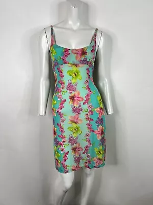 Vtg Versace Mare Blue Floral Print Nylon Dress M • $235