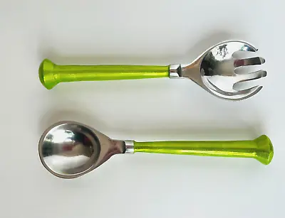 Metal & Enamel Aluminium Salad/Food Servers - Lime Green Handles -Spoon & Fork • £12
