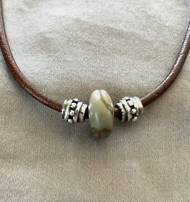 $100 • Buy Authentic Trollbead Necklace - Brown Leather With Clasp And 3 Beads