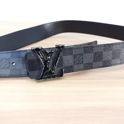 Louis Vuitton Belt 36 Damier Graphite Leather Check LV Logo Initial FRANCE $590 • $218.88