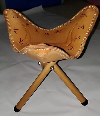 Vintage Leather Seat Folding Wood Tripod Camping Saddle Stool Chair  • $119