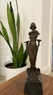 Art Nouveau Bronze Woman & Flowers Sculpture Statue 9.5  • $60