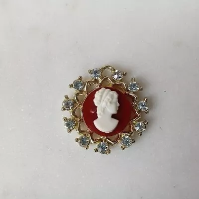 Vintage Cameo Pendant 1  Victorian Style Rhinestone Lady Gold Tone Jewelry • $14.95