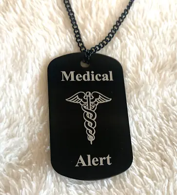 Medical Details Dog Tags BLACK With Chain Personalised Laser Engraved ANY TEXT • £8.99