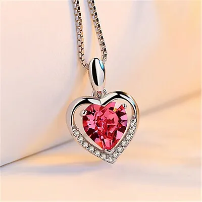 925 Sterling Silver Heart Crystal Pendant Chain Necklace Womens Jewellery New UK • £3.97