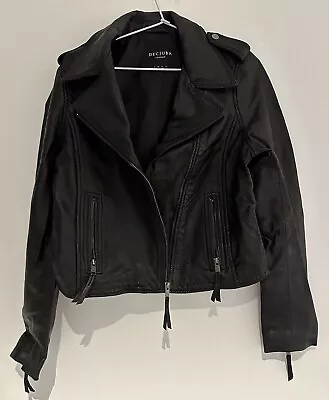 Decjuba Genuine Leather Black Biker Jacket Size 12 Zips Quality Sassy *as New*! • $150