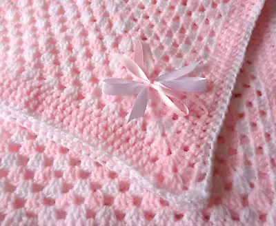 Pink & White  Crochet Baby Pram Blanket / Crib  New  Gcn  23 X 23 • £5