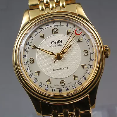 Vintage Near MINT ORIS Pointer Date 7403 Men's Automatic Watch Gold 34 Mm 17J • $1243