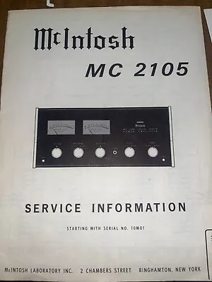 McIntosh MC-2105 Service Manual Pre-Amplifier Original Serial 10M01 • $29.99