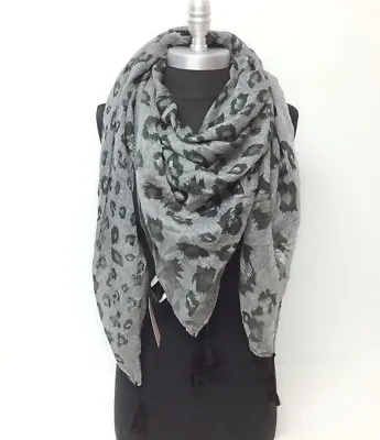 $7.49 • Buy Women's Square Soft Wrap Multi Scale Leopard Print Scarf W/ Tassels Black / Gray