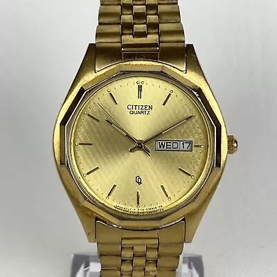 Vintage Citizen CQ Watch Men Gold Tone Day Date 6100-S16725 New Battery 6.75  • $35.99