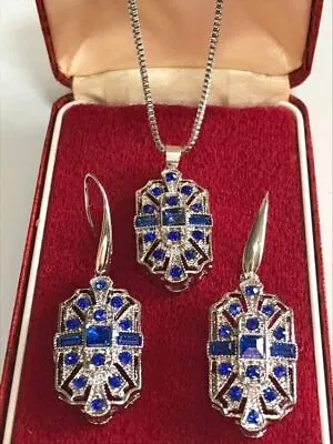 £10.99 • Buy Art Deco Style Geometric Sapphire Blue Glass Crystal Earrings & Necklace Set