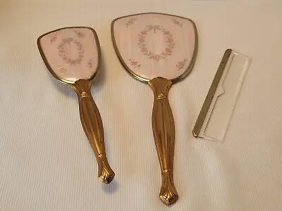 Vintage Metal Floral Design Pink W/Gold Vanity Hand Mirror Hair Brush & Comb Set • $48