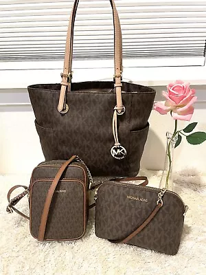 Set Of 3 Michael Kors Brown Monogram Handbags Small Medium Pack & Large Tote • $149