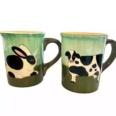 Eddie Bauer HOME Hand Painted Folk Art Set Of 2 Coffee Mug Cup Cow Rabbit 18 Oz. • $48