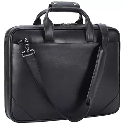 Leather Slim Briefcase For Men 15.6  Laptop Crossbody Messenger Bag Black • $170.52