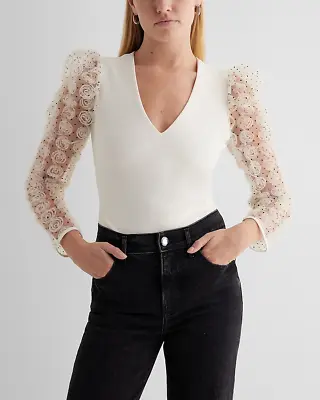 EXPRESS V-Neck Polka Dot Mesh Rosette Sleeve Bodysuit - Size M • £57.80