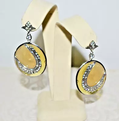 New $495 Miriam Salat CZ Encrusted Sterling Silver Amber Resin Drop Earrings • $150.60