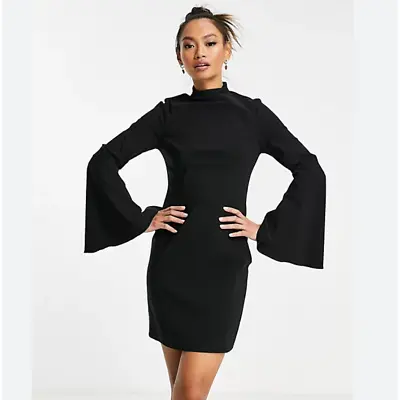 La Banga Fluted Sleeve High Neck Mini Dress Black Elvira Vibes Women's S • $24.99