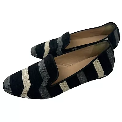 J.Crew Darby Currant Striped Fabric Loafers Size 8 Black Gray Cream Italy • $29.99