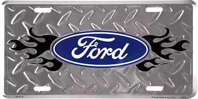 Ford Diamond Black Flames License Plate Wall Sign Tag Man Cave FAST SHIPPING • $9.39